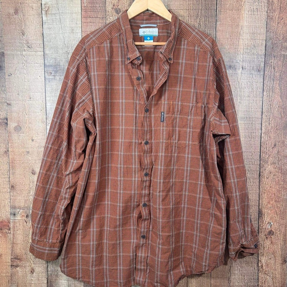 Columbia Mens 2XT 2X Tall Orange Plaid Long Sleeve Button Cotton Shirt Gorpcore